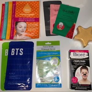 10 face masks, 1 bath bomb & 1 box of pore stripes
